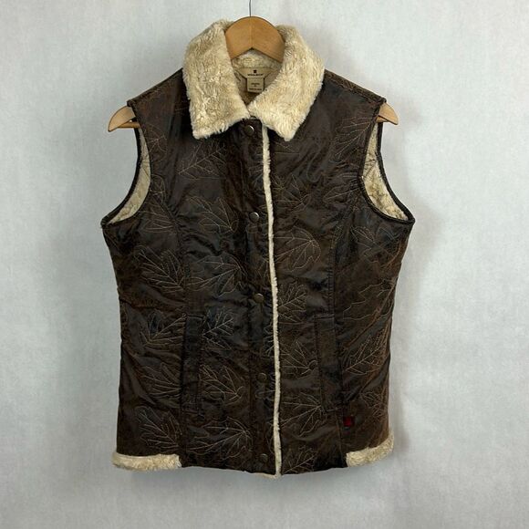 Woolrich Womens Vest Sz Medium Brown Faux Leather Sherpa Faux Fur Lined Snap But - Picture 1 of 10